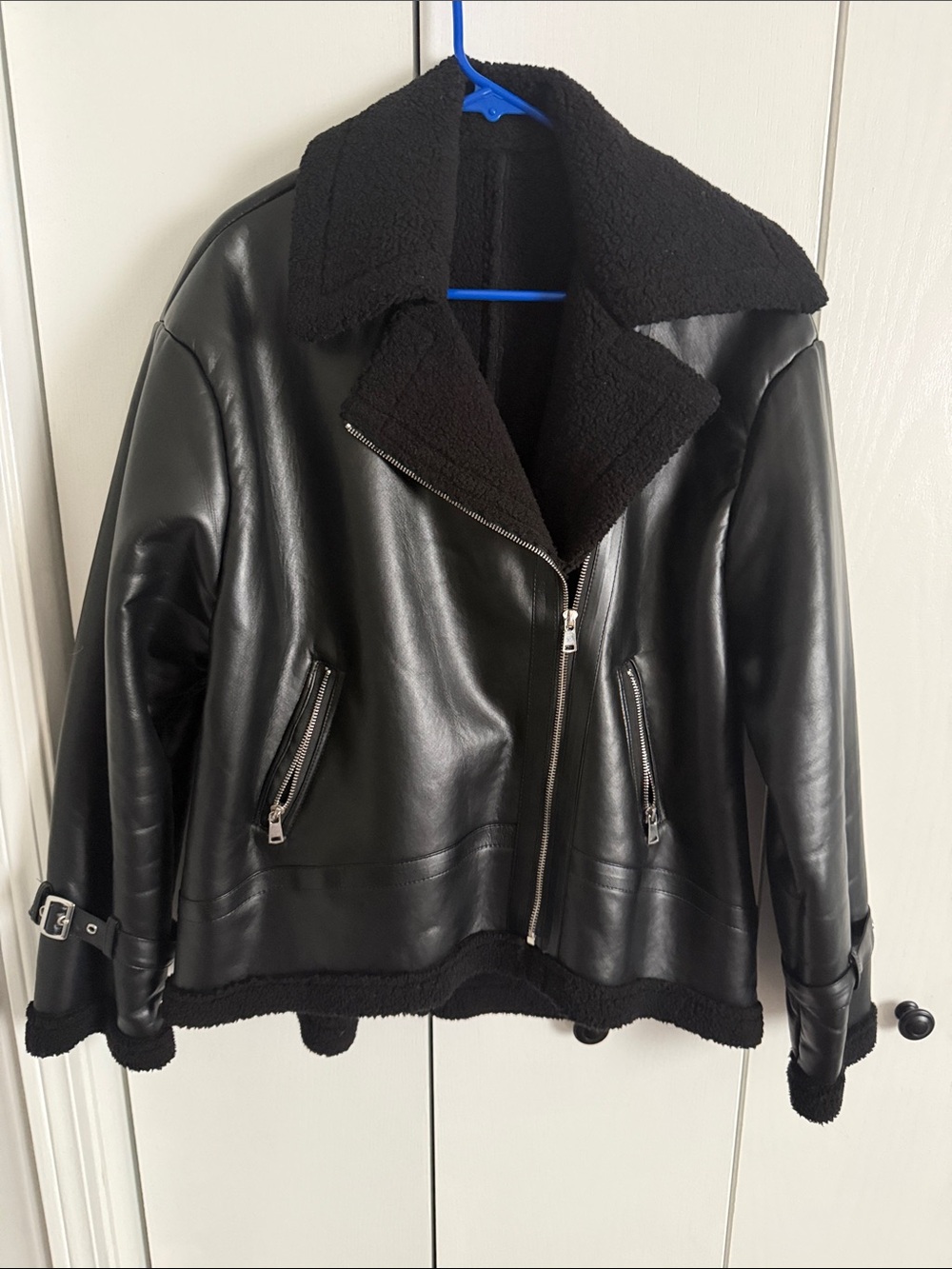 SHEIN Black Faux Leather Shearling Moto Jacket Sz XL